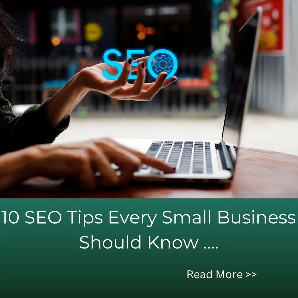 a laptop and one hand with seo animated writing another hand touch on laptop keyboard and a writing10 seo tips every small business should know then a Know More button