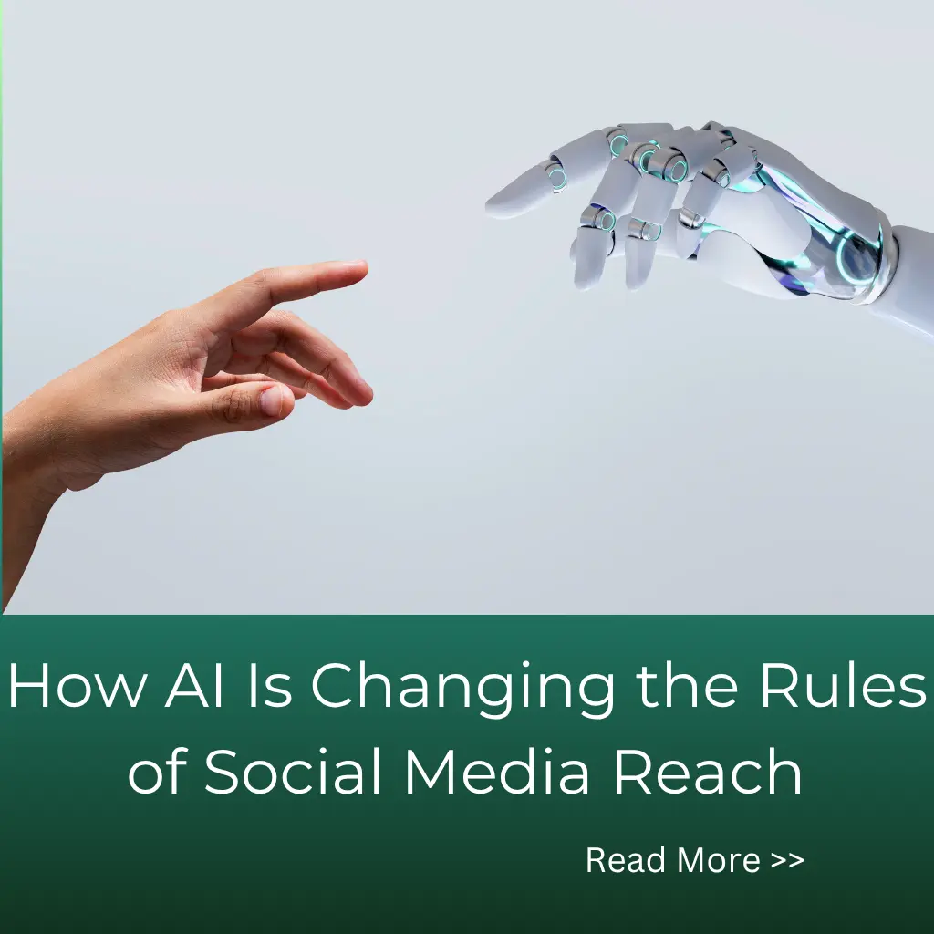 A realistic human hand and futuristic robotic hand reaching toward each other, almost touching, symbolizing the connection between humans and AI. and a writing How AI Is Changing the Rules of Social Media Reach then a Know More button.